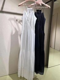 Casual Dresses White Or Black Women Lace Sling Dress Embroidery Hollow Out Sleeveelss Female Temperament Midi Robe 2024 Summer