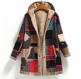 Women039s Wool Blends Winter Vintage Women Coat Warm Printing Thick Fleece Hooded Long Jacket With Pocket Ladies Outwear Plus7773331