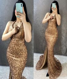 Sparkling Mermaid Evening Dresses With Halter Backless Plus Size Dark Gold Sequins Women Formal Prom Party Gowns Middle East Dubba5053258