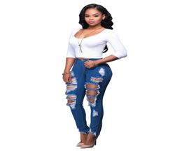 Blue Fashion Ripped Jeans women Plus Size Boyfriend jeans Lady Sexy Pant Capris Denim Elastic cotton Straight Pant High waist4745264