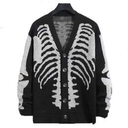 Men's Jackets 2023 Harajuku Autumn Mens Halloween Skull Print Long sleeved Open Front V-neck Button Down Coat Y2K Vintage Sweater InsL2405