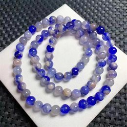 Link Bracelets 6.5MM Natural Blue Flower Agate Triple Circle Bracelet Women Trendy Reiki Healing Elastic Yoga Energy Wristband Jewellery Gift