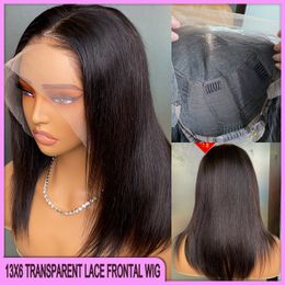 Malaysian Peruvian Brazilian Black Silky Straight 13x6 Brown Lace Frontal Bob Wig 100% Raw Virgin Remy Thick Human Hair On Sale