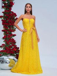 Casual Dresses Missord 2024 Yellow Sequin Prom Dress Elegant Women Strapless Bowknot Loose A-line Party Female Long Evening Gown