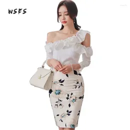 Work Dresses 2pieces Sets Summe White Blouses Tops One Shoulder Asymmetrical Floral Print Midi Skirts Bandage Sexy Office Lady Suits Dress