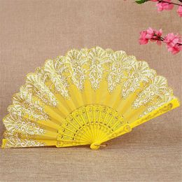 Chinese Style Products Retro Folding Hand Fan Plastic Gold Powder Craft Fan White Wedding Party Chinese Style Dance Cloth Folding Fan Handheld New