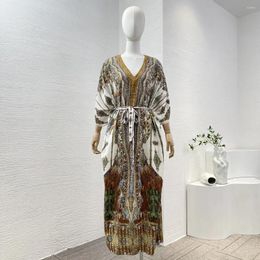 Casual Dresses 2024 Silk Diamonds Pressed Top Quality V-Neck Brown Peacock Print Belt Loose Midi Dress
