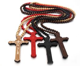 Wooden Pendant Necklaces Men Christian Religious Wood Crucifix Charm Rosary beads chains For women Hip hop Jewellery Gift7784058