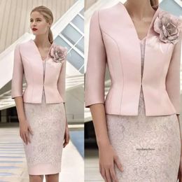 Elegant Blush Pink Lace Mother Of The Bride Dresses Suits With Short Jacket Knee Length Sheath Groom Mothers Formal Outfit Wedding Guest Gowns Custom Made 0509