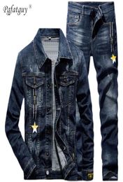 Men039s Tracksuits Men 2 Piece Sets Spring Autumn Blue Letter Star Print Denim Jacket Pants Fashion Slim Couple Jeans Suit Ro673884317349