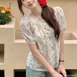 Women's Blouses Cute Sweet Tops Japan Girls Preppy Style Women 2024 Summer Short Sleeve Floral Print Retro Vintage Button Lace Shirts