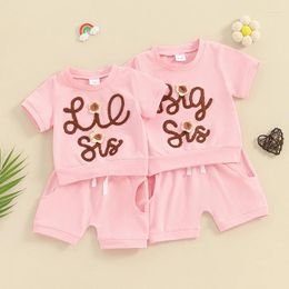 Clothing Sets Summer 2pcs Toddler Baby Girls Clothes Set Short Sleeve Letter Flower Embroidery Tops Solid Color Shorts Sister Matching