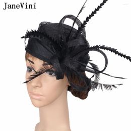 Headpieces JaneVini 2024 Bridal Black Hats Feathers Facinators For Women Large Wedding Hat Headwear Cocktail Dinner Party Hair Accessories