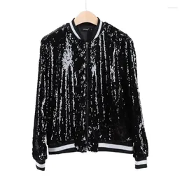 Women's Jackets Spring Autumn Women Casual Zipper Jacket With Sequin Contrast Ribbed Cuffs Female Baseball Coat