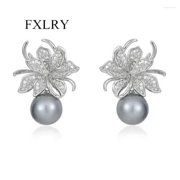 Stud Earrings FXLRY S925 Silver Needle Vintage Inlaid Zircon Flower Pearl For Women Party Engagement Jewelry