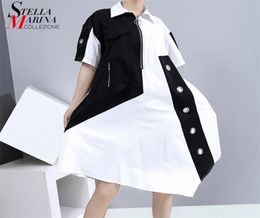 New Unique Style Women Summer Tide Shirt Dress Zipper Pocket Patchwork Plus Size Lady Loose Fit Midi Casual Dresses 6255 2104092956409