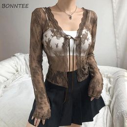 Women's Blouses Shirts Women Summer Spicy Girls Thin Breathable Seethrough Lace-up Designed Slim Korean Style All-match Attractive Chic