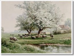 Vintage Spring Landscape Pintura a óleo Canvas Arte da parede Fazenda Decoração de parede estética Pastagem de ovelha antiga Blossom Tree Prints Rustic Country Home decoração