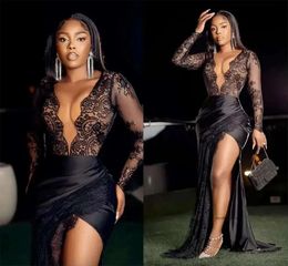 Black Lace Evening Dresses deep V Neck african Long Sleeves High Slit Women Party Prom Dressing Gowns Mermaid Plus Size 0509