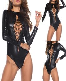 Women039s Two Piece Pants S5XL Plus Size Women Leather Bodysuit Long Sleeve Laceup Club Jumpsuit PU Romper Teddy Latex Catsui6954097