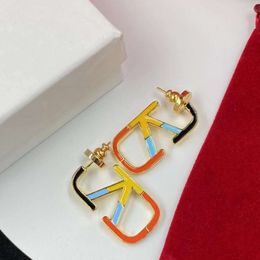 silver gold earrings V Letter Drop Colourful Glue Silver Needle Earrings Brass Material Earrings Fashion Earrings for Women