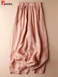 Basic Casual Dresses Korean Cotton Linen Culotte Pants Vintage Womens Wide Leg Pants Casual Bag High Waist Sports Pants Summer Thin 90cm PantsL2405