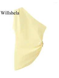 Women's Tanks Women Fashion Yellow Pleated Bandage Asymmetrical Tops Vintage Backless One Shoulder Female Chic Lady