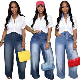 Women's Jeans Women Straight Long With Sashes Spring Summer High Waist Wide Leg Denim Pants Casual Y2k Street Bottoms 2024