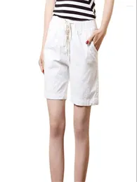 Women's Pants Female Summer Solid Mid Elastic Waist Loose Knee Length Capris Women Straight Flax Breathable Woman