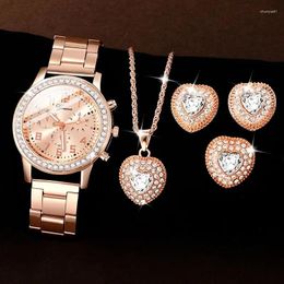 Wristwatches Women's Rose Gold Watch Ring Necklace Earrings Bracelet Set Rhinestone Fashion Wristwatch Female Casual Ladies Quartz Watches