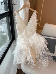 Casual Dresses French Retro Sleeveless V-neck Irregular 3d Butterfly Polka Dot Mesh Lace Fairy Princess Ball Gown White Dress For Women
