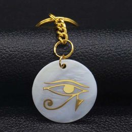 Keychains Lanyards Fashion Ancient God Horus Eye Stainless Steel Shell Keychain Womens Gold Keychain Jewellery Lavero mujer K77679S07 J240509