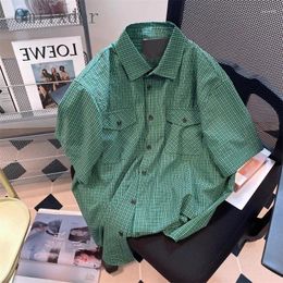 Men's Casual Shirts American Lazy Style Green Plaid Workwear Short-sleeved Men Women Korean Version 2024 Summer Trend Retro Chic Tops