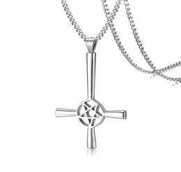 Large Silver Inverted Cross Occult Pentagram Necklace in Stainless Steel Satanic Gothic Satan Jewelry3655821