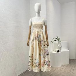 Casual Dresses 2024 Summer High Quality Linen Re-tro Floral Print Backless Sleevless Camisole Cut Out Midi Dress For Women