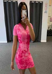 OMSJ Neon Pink Tie Dye Print Ruched Mini Dress Womens Summer Sheath Short Sleeve Casual Bodycon Slim Clubwear 2105175606406