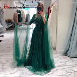 Party Dresses Elegant Green Aline Beads Sequin Evening Night Dress For Women 2024 Long Cape Sleeves O Neck Formal Prom Wedding Gowns