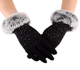 Womens Gloves Full Finger Faux Fur Thicken Winter Warm Cashmere with drill Female Outdoor Sport Warm Gloves YL54189591