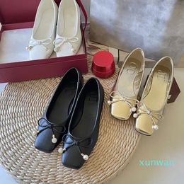 Designer Shoes Luxury Ballet Flats Bowknot Mary Jane Shoes Fashion Womens Genuine Leather Sandal Sexy Square Toes Flats Spring Fall Party Walking Ballet Flats