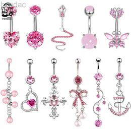 Navel Rings New Pink Series Dangled Belly Button Rings Heart Cross Zircon Curved Barbell Belly Piercing for Women Body Jewellery 1.6mm*10mm d240509