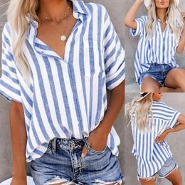 Women Striped Print Cotton Linen Tops Summer Turn Down Collar Long Sleeve Button OL Blouse Shirts 2023 Cardigan 240507