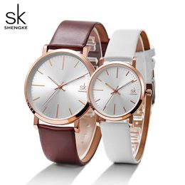 Shengke Women Dress Watches Luxury Lovers Couple Watches Men Date Waterproof Women Leather strap Quartz Wristwatch Montre Homme 255k