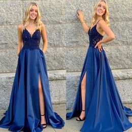 New Sexy Royal Blue A Line Prom Dresses Lace Applique Floor Length High Side Split Spaghetti Strap Appliques Formal Dresss Evening Gown 308x