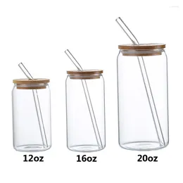 Wine Glasses 12/16/20oz Glass Cup Bamboo Lid Can Shape Tea Juice Milk Coffee Mug Drinking High Borosilicate Durable Drinkware