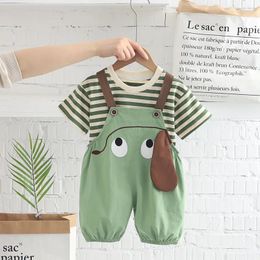 Clothing Sets Designer Baby Boy Outfit Set 2024 Summer Fashion Cartoon Striped O-neck Short Sleeve T-shirts And Overalls Kids Boys Clothes