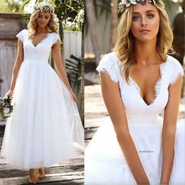 Vintage Ankle Length Short Wedding Dresses Lace Tulle Modest Cap Sleeve V Neck Bohemian Beach Garden Bridal Gowns 0509