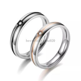 Stainless Steel Diamond Ring Band Black Rose Gold Line Couple Engagement Wedding Rings for Women Men Fashion Jewelry