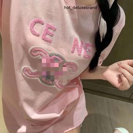 White and Pink Designer Short Sleeves 2023 New Sequin Embroidery Sleeve Contrast Design Fashion Versatile Loose Casual T-shirt Women's Round Neck Pure Cotton t HF7V
