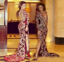 Sexy Lebanon High Split Evening Dresses Burgundy Mermaid Plunging V Neck Lace Applique Long Sleeves Arabic Celebrity Party Prom Go4391684