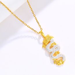 Punk Mens Hip Hop Chinese Dragon Pendant Necklace Full Zircon Alloy Gold Plated